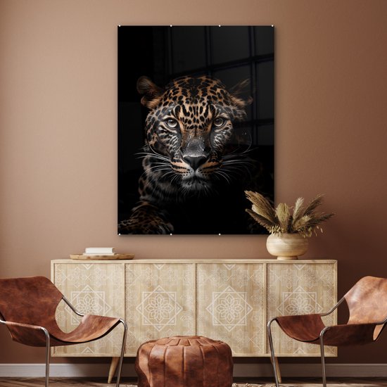MuchoWow® Glasschilderij 90x120 cm - Schilderij acrylglas - Luipaard - Portret - Zwart - Dier - Foto op glas - Schilderijen