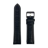 Horlogeband - 22mm - Zwart ( Wit stiksel ) - Echt leer in croco print - Roestvrijstalen gesp