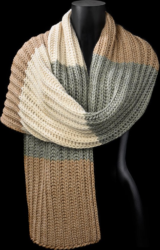Écharpe côtelée douce avec blocs de couleur - allongée - mélange de laine - camel