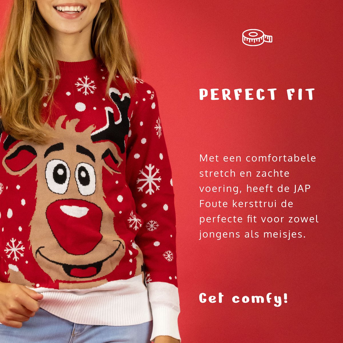 JAP Christmas Kersttrui voor kinderen (maat 98/104) - 100% Gerecycled - Kriebelt niet - Kerstcadeau - Foute Kersttrui jongens en meisjes (3/4 jaar) - Rudolf het Rendier - Rood — afbeelding 4