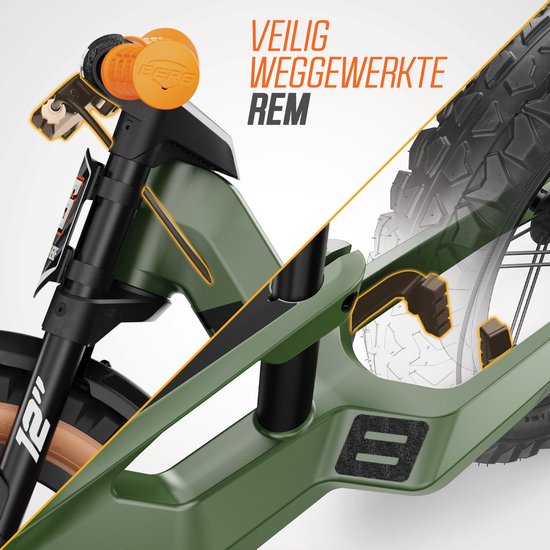 Dichtbij de groene loopfiets: stuur met oranje handvatten en handrem, en een detail van de achterrem.