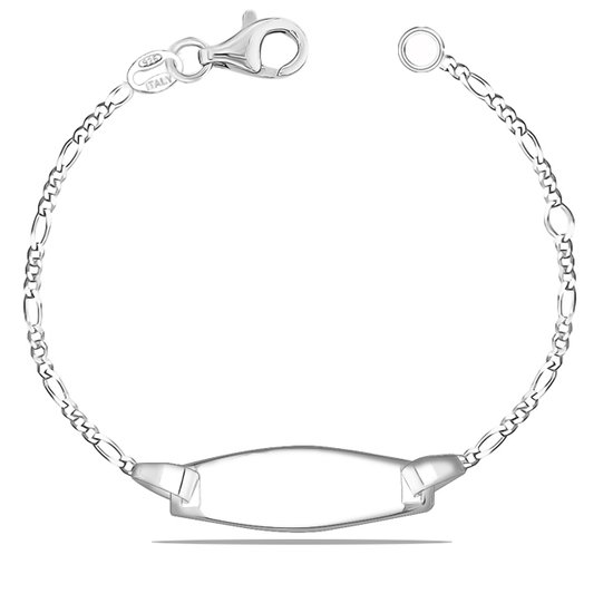 Zilveren Figaro-schakelarmband met glad, ovaal plaatje, met karabijnsluiting.