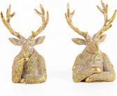 2 edele herten figuren goud kerst decoratiefiguur rendier buste om neer te zetten 16 cm decoratie