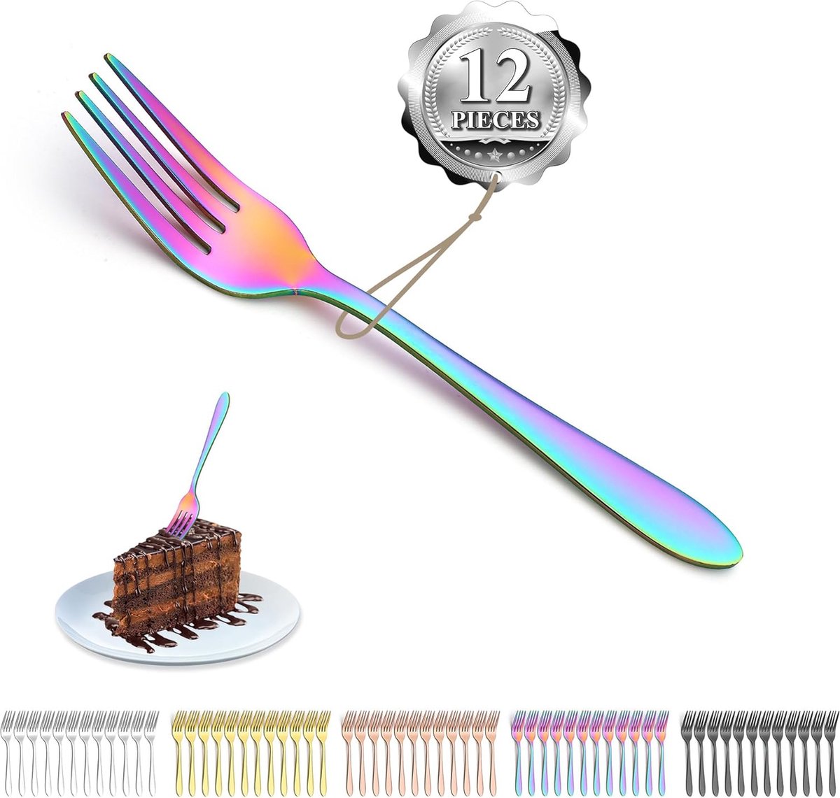 Rainbow dessertvorken 14 cm roestvrij staal titanium gecoat regenboog taartvorken fruitvorken vorken zilver hoogglans gepolijst vaatwasmachinebestendig