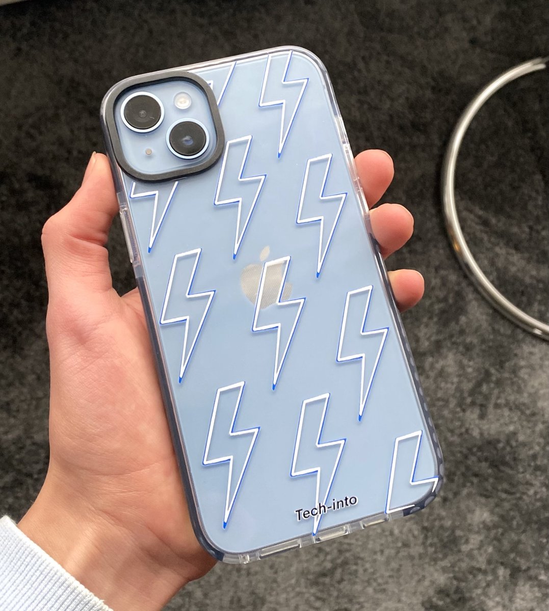 iPhone 14 Pro Max - Blue White Lightning Case - Shockproof - Zwarte Bumper - Doorzichtige Back Cover