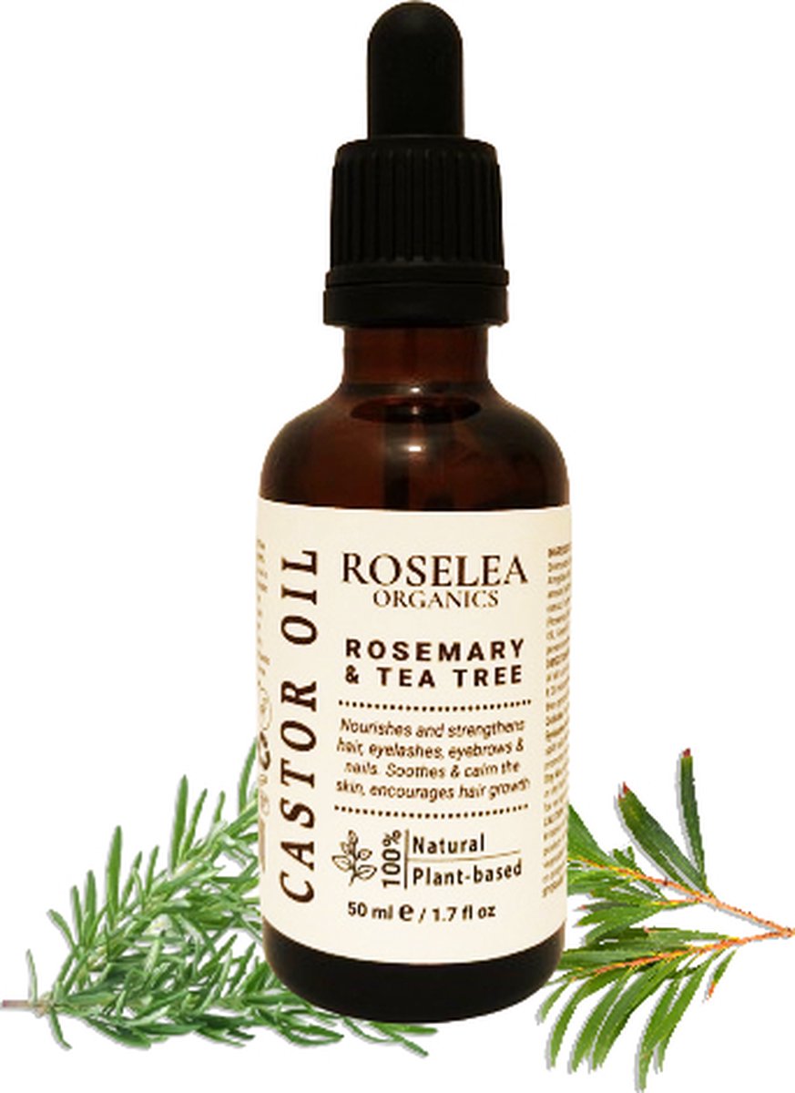 Roselea Organics - Biologische Castor Olie met Rozemarijn & Tea Tree – Voedt het haar en stimuleert de haargroei - Versterkt haar, wimpers, wenkbrauwen en nagels - Al onze Ingrediënten zijn Natuurlijk (100 %) en Biologisch (99 %) - 50 ml.