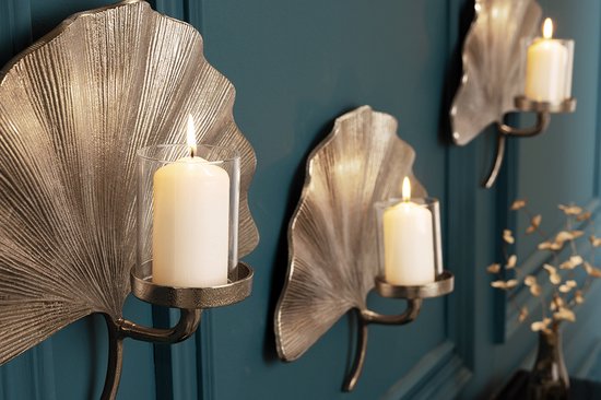 Decoratieve kandelaar GINKGO 44cm zilver handgemaakt metalen theelichtje voor aan de muur - 41782