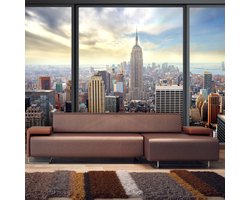 Fotobehangkoning - Behang - Vliesbehang - Fotobehang Uitzicht op New York vanuit het Raam - 3D Stad - 200 x 140 cm