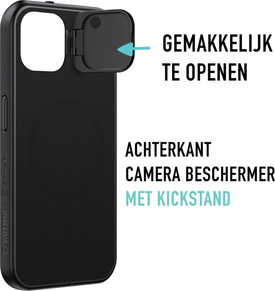 Valenta x Spy-Fy - Coque iPhone 15 avec caches d'appareil photo à l'avant et à l'arrière | Protège votre vie privée et vos Caméras | Étui de confidentialité Valenta Zwart