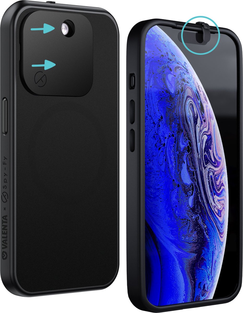 Valenta x Spy-Fy - iPhone 15 Pro Hoesje met Camera Covers aan Voor- én Achterkant | Beschermt je Privacy en je Camera’s | Valenta Privacy Case Zwart