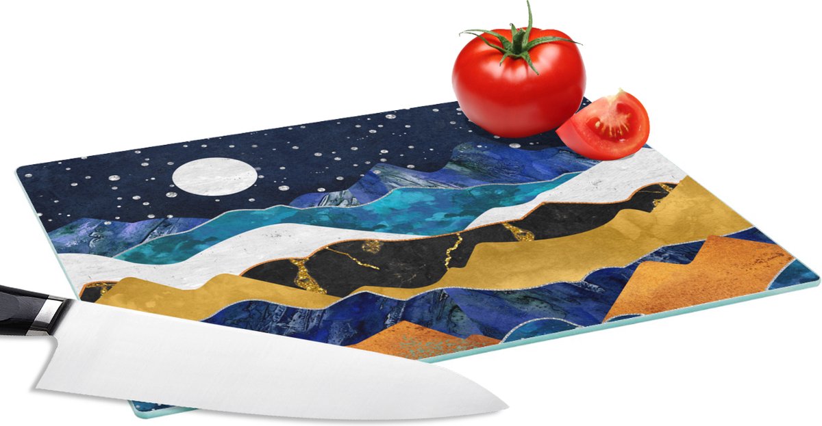 Glazen Snijplank - 28x20 - Nacht - Goud - Marmer - Abstract - Landschap - Berg - Snijplanken Glas