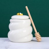 Porseleinen honingpot, 16oz keramische honingpot met deksel en houten lepel voor thuiskeuken Porseleinen honingcontainer voor opslag (wit)