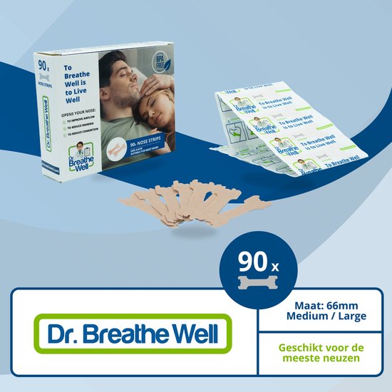 Dr. Breathe Well - 90 Neuspleisters - Maat 66mm medium/large - Anti Snurk Pleisters - 90 Neusstrips - Sterke kleefstof - Eenvoudig te verwijderen - Simply the right choice! - Dr. Breathe Well