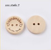 Houten knopen, 20x4mm, met tekst 'Handmade with Love'. Per 100 stuks !!