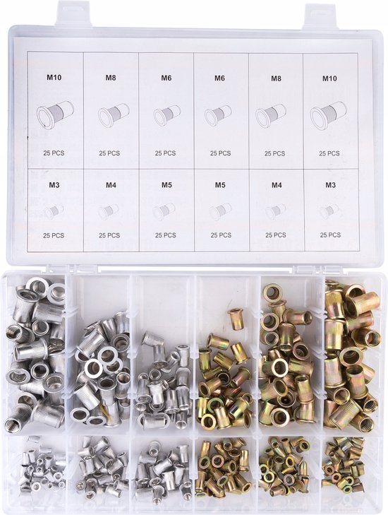 Koffer met 300 blindklinkmoeren in verschillende maten: M3, M4, M5, M6, M8, M10. Gemaakt van staal en aluminium.