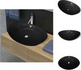 vidaXL Ovale wastafel - Hoogwaardig keramiek - Hoogglans - Artistiek ontwerp - Makkelijk schoon te maken - Met overloop - 590 x 385 x 190 mm - Zwart - Op een blad - Diameter afvoergat 4.5 cm - Wastafel
