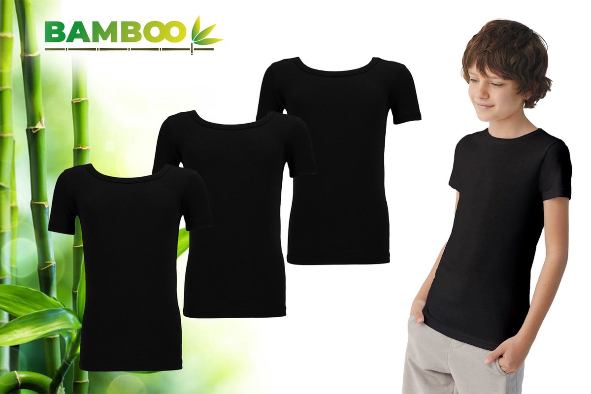 Bamboo - T Shirt Kinderen Jongens - Ronde Hals - 3 Stuks - Zwart - 122-128 - Bamboe - Ondershirt - Extra Lang - Anti Zweet T-Shirt Jongens