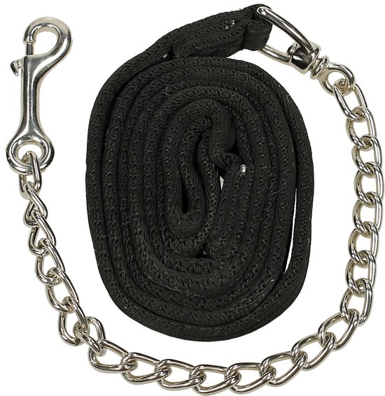 Zwarte halstouw met zilverkleurige ketting en clips.
