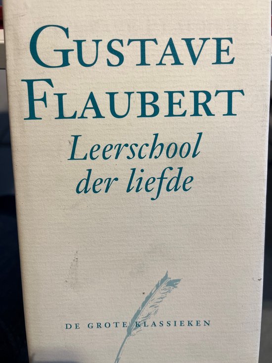 Boek 'Leerschool der liefde' van Gustave Flaubert, witte kaft met blauwe tekst en veer-icoon.