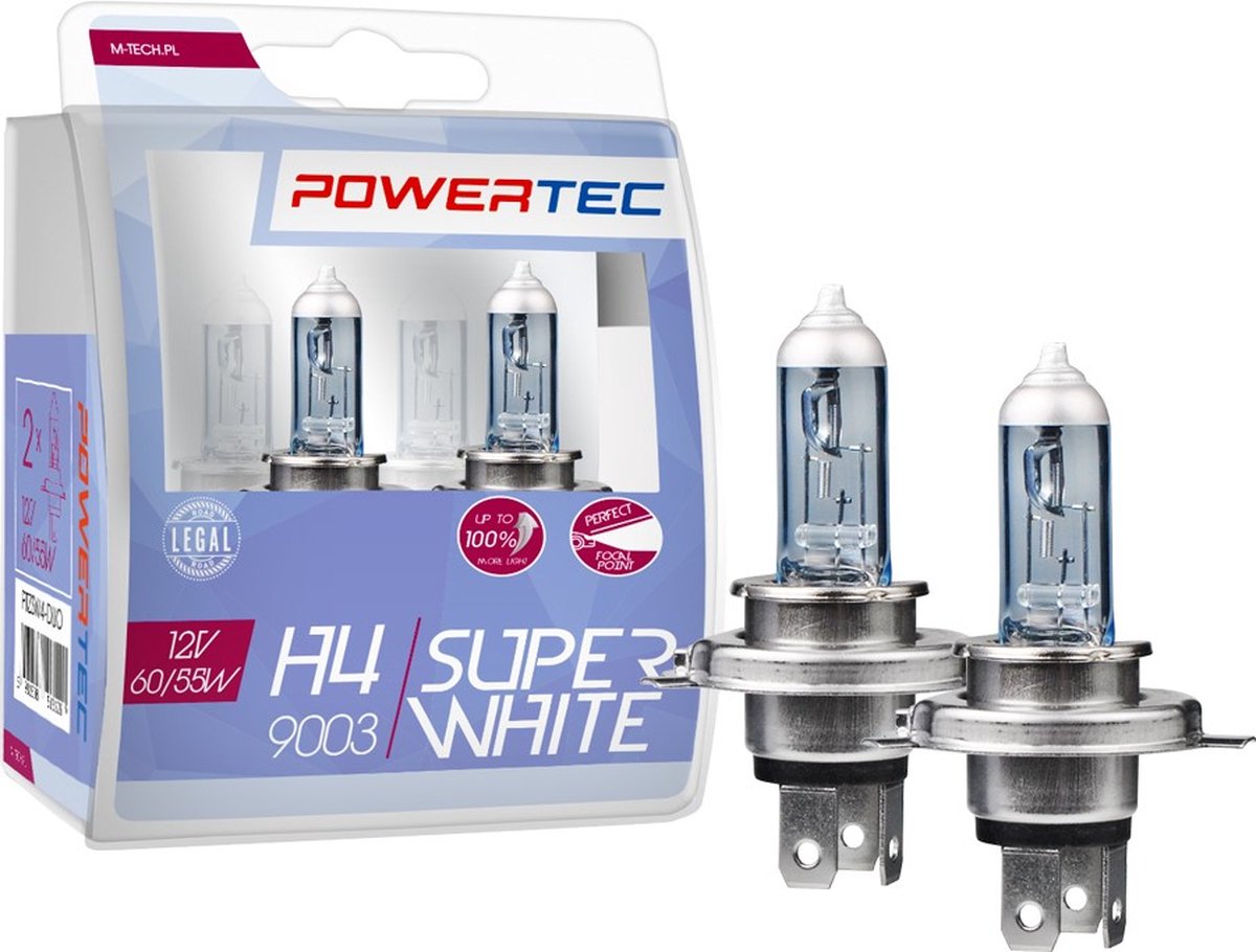 Powertec SuperWhite +100% - H4 12V - Wit - Set (2 Stuks)