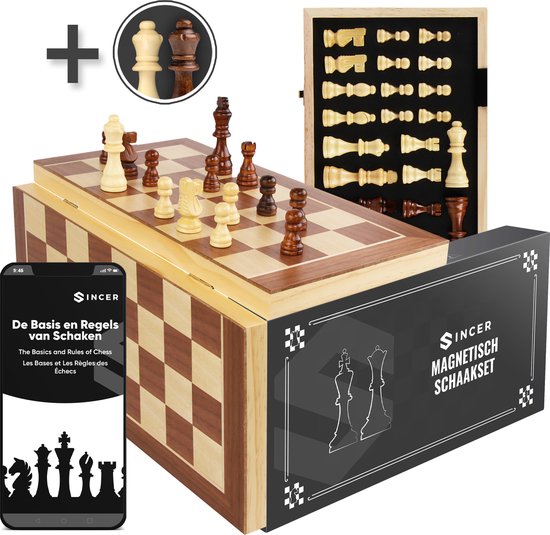 Magnetisch schaakspel met houten schaakstukken, houten opbergkist met schaakbord en een smartphone met schaakregels.