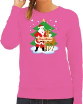 Bellatio Decorations Foute kersttrui/sweater dames - kerstman en rudolf - roze - Merry Christmas S