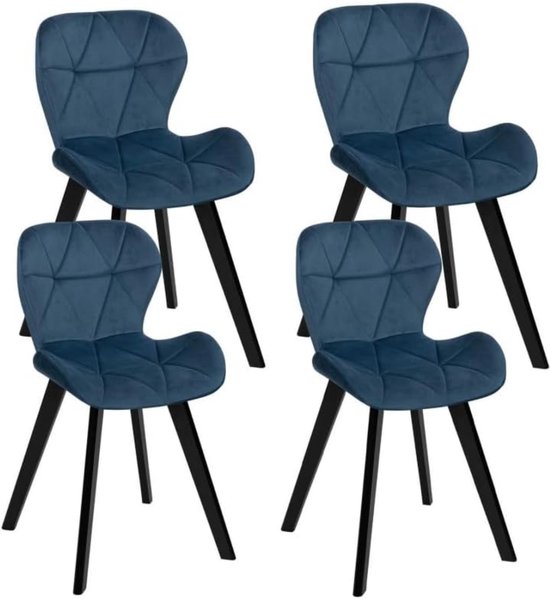 Set van 4 ROBINE fluwelen stoelen, blauw, zwarte poten