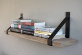 GoudmetHout - Massief eiken wandplank - 220 x 20 cm - Licht Eiken - Inclusief industriële plankdragers MAT ZWART - lange boekenplank