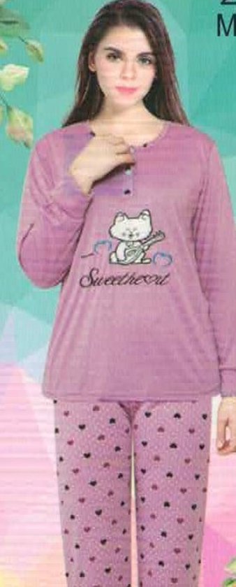 Set Pyjama Femme - Manches Longues - L - Très haute qualité - dessin brodé - ultra confortable - joli dessin d'un chat - texte sweethart