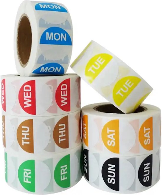 Without Lemon - Set van 7 Rollen - Voedsel Etiketten - Dag Stickers - Week set - Horeca - Kleurcode - 3500 Stickers / 500 stickers per dag - 2.5CM