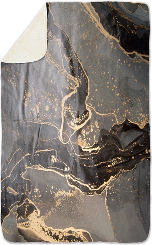 Fleecedeken Marmer zwart, FD2023308, Plaid, 96x146cm, Polyester Sherpa