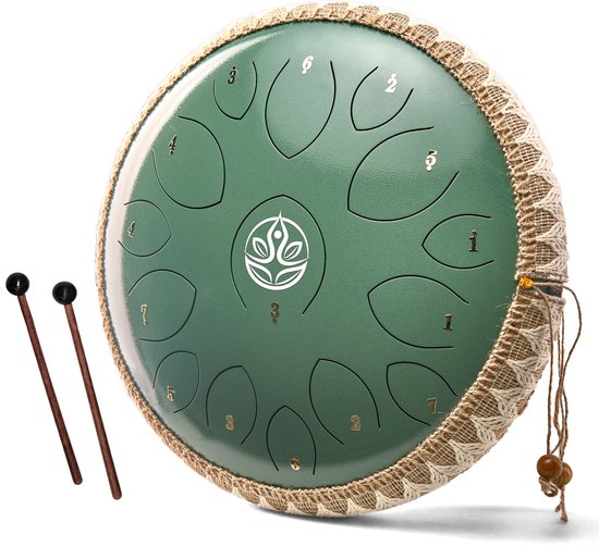 Ohana Drums® Handpan 36 cm Jade Groen – Tongue drum – Klankschaal – 15 noten - Handpan - Tong Drum - Klankschalen - Yoga Drum – Lotus Tong - Steeldrum - Muziektherapie - Ohana Drums