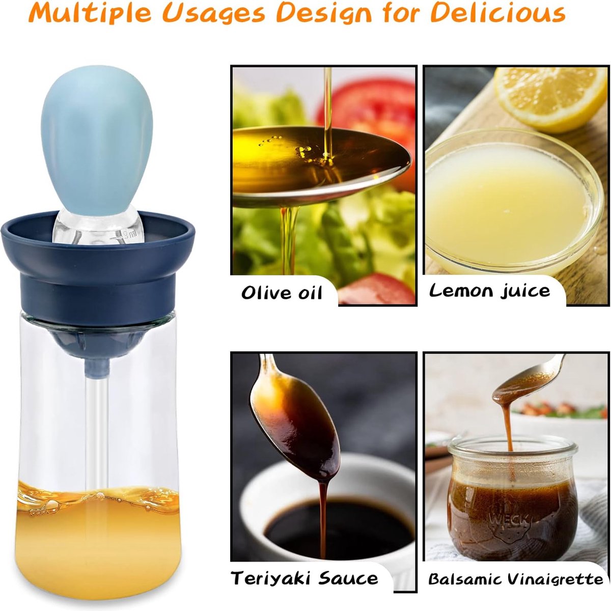 Oliedispenser met siliconen borstel glazen olijfolie dispenser fles met borstel en druppelaar voor het meten van olie olieopslag en container voor koken grillen barbecue bakken frituren luchtfriteuse (blauw)