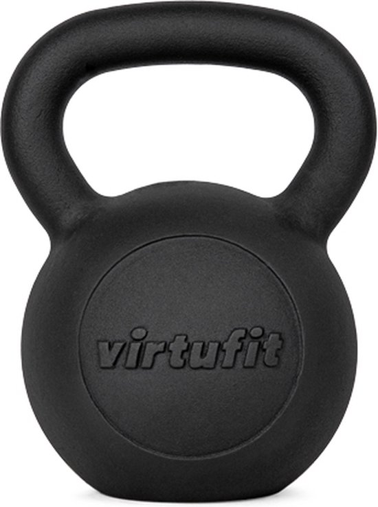 Zwarte gietijzeren kettlebell met het Virtufit logo op een witte achtergrond.