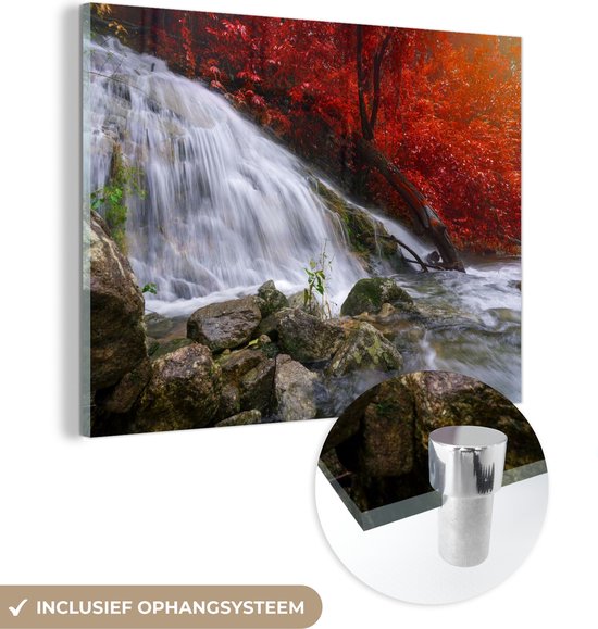 MuchoWow® Glasschilderij 120x90 cm - Schilderij acrylglas - Waterval - Rotsen - Water - Herfst - Foto op glas - Schilderijen