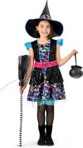 Funny Fashion - Heks & Spider Lady & Voodoo & Duistere Religie Kostuum - Heks Magische Portia - Meisje - Blauw, Zwart - Maat 128 - Carnavalskleding - Verkleedkleding