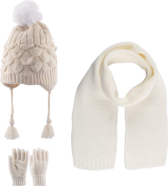 Kitti 3-Delig Winter Set | Muts (Beanie) met Fleecevoering - Sjaal - Handschoenen | 4-8 Jaar Meisjes | K23170-08-01 | Cream