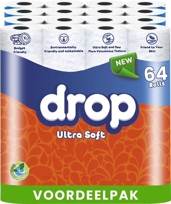 DROP - Ultra Soft - 2x32 rollen toiletpapier - 64 rollen - Ultiem comfort WC Papier, Superieure sterkte, Maximale absorptie & Pluisvrij - Voordeelverpakking WC Papier