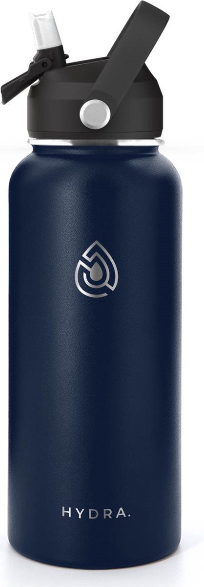 Drinkfles Roestvrij Staal 1000ml - Deep Blue - 1L RVS Waterfles Blauw - Outdoor - Verpakking inclusief dop met rietje, draaidop, schoonmaakborstel - min. 24u warm - 24u koud - Hydra.