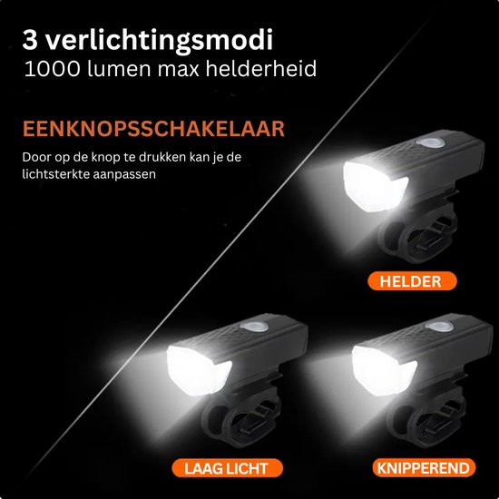Fietslamp - Koplamp - Achterlamp - Verlichtingset - 1000lumen - Oplaadbaar - Racefiets - Stadsfiets - MTB - 800mAh - Lange accuduur — afbeelding 5