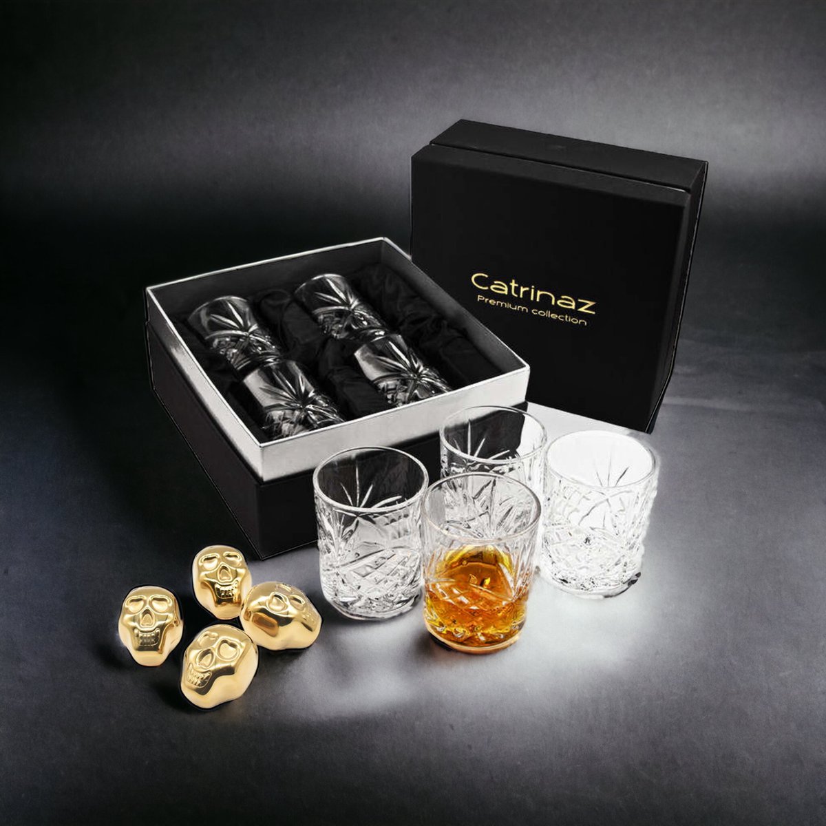 Catrinaz® - Luxe Whiskey glazen set -Incl. 4 whiskey glazen 300 ml - 4 RVS whiskey stenen - Fluwelen opbergzak - Luxe geschenkdoos - Uniek cadeau - Cadeau man