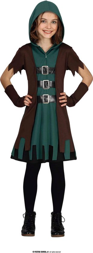 Guirca - Robin Hood Kostuum - Robina De Geduchte Boogschutter - Meisje - Groen, Bruin - 5 - 6 jaar - Carnavalskleding - Verkleedkleding
