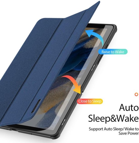 Étui pour tablette bleu avec fonction auto wake/sleep, montre comment l'écran s'allume à l'ouverture.