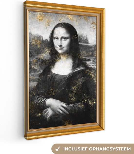 Canvas Schilderij Mona Lisa - Da Vinci - Goud - Lijst - 60x90 cm - Wanddecoratie