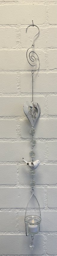 Deco theelichthouder "Hart"met metalen ketting - Keramieke vogel - White wash + wit/grijze vogel - lengte 85 cm - exclusief theelicht - Woondecoratie - Theelichthouder - Woonaccessoires