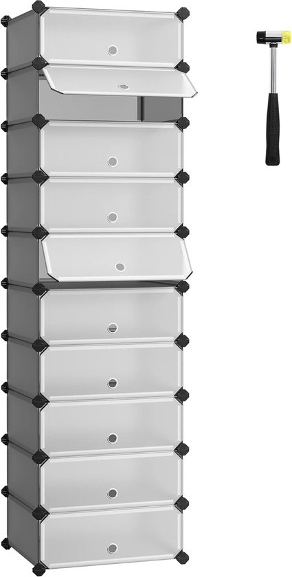 Armoire à chaussures avec 10 compartiments, étagère modulaire en plastique, boîte à chaussures, avec porte, grillage, rangement, gris