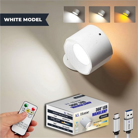 KL Home ® - Applique murale LED 360 ° rechargeable - Incl. télécommande - Sans  fil 