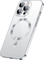 Apple iPhone 14 pro silicone Back cover met lenzbeschermer/Magsafe compatible /magneet case Telefoonhoesje/transparant met Zilver randen