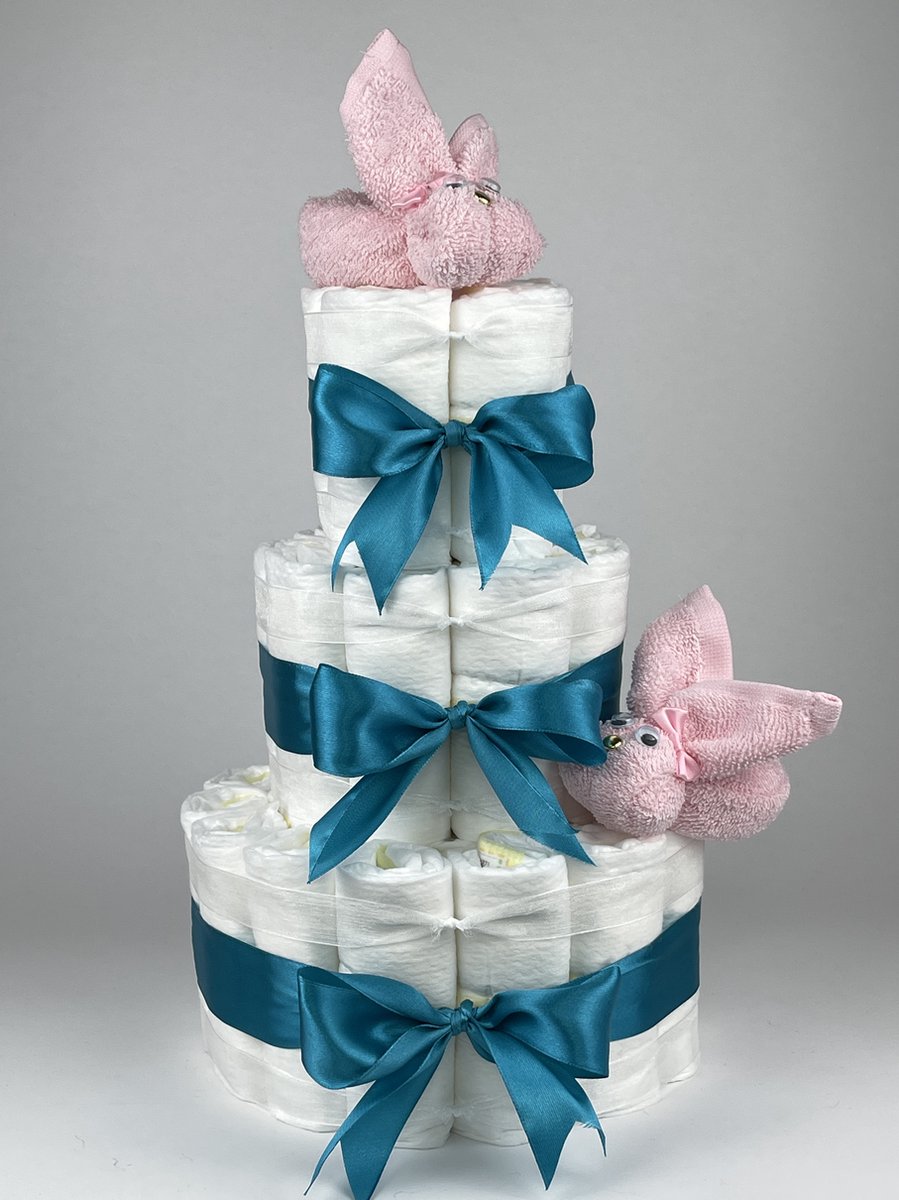 Chouette-Chouette | Luiertaart Meisje | Kraamcadeau | Geboorte Meisje | Babyshower | Konijnen Roze - Petrol