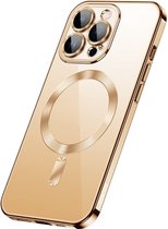 Hoesje Geschikt voor Apple iPhone 14 pro silicone Back cover met lenzbeschermer/magneet case Telefoonhoesje/transparant met goud randen